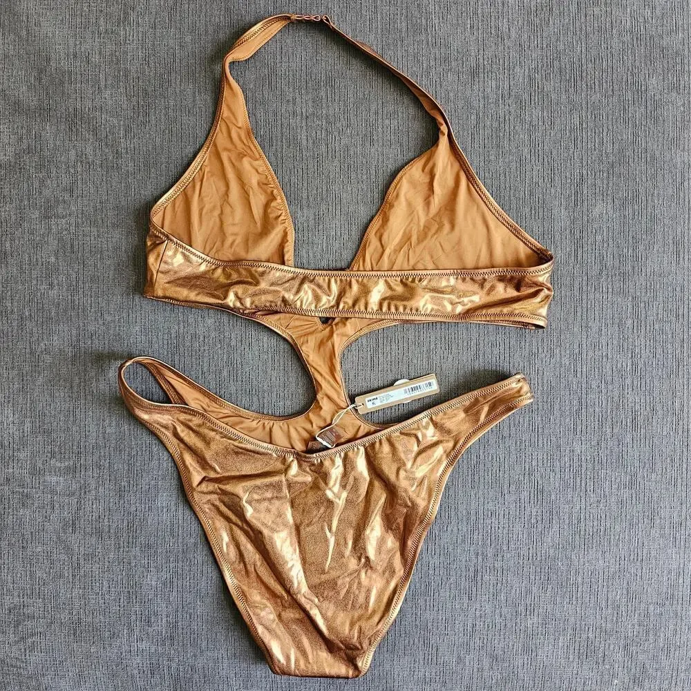 NWT Skims Women's Metallic Gold Penny Swim Halter Monokini Swimsuit Size 2X